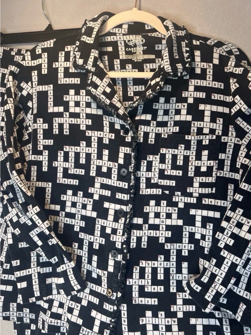 Cabernet Lounge Petite Pajama Set Large Black Crossword Print Long Sleeve Cotton